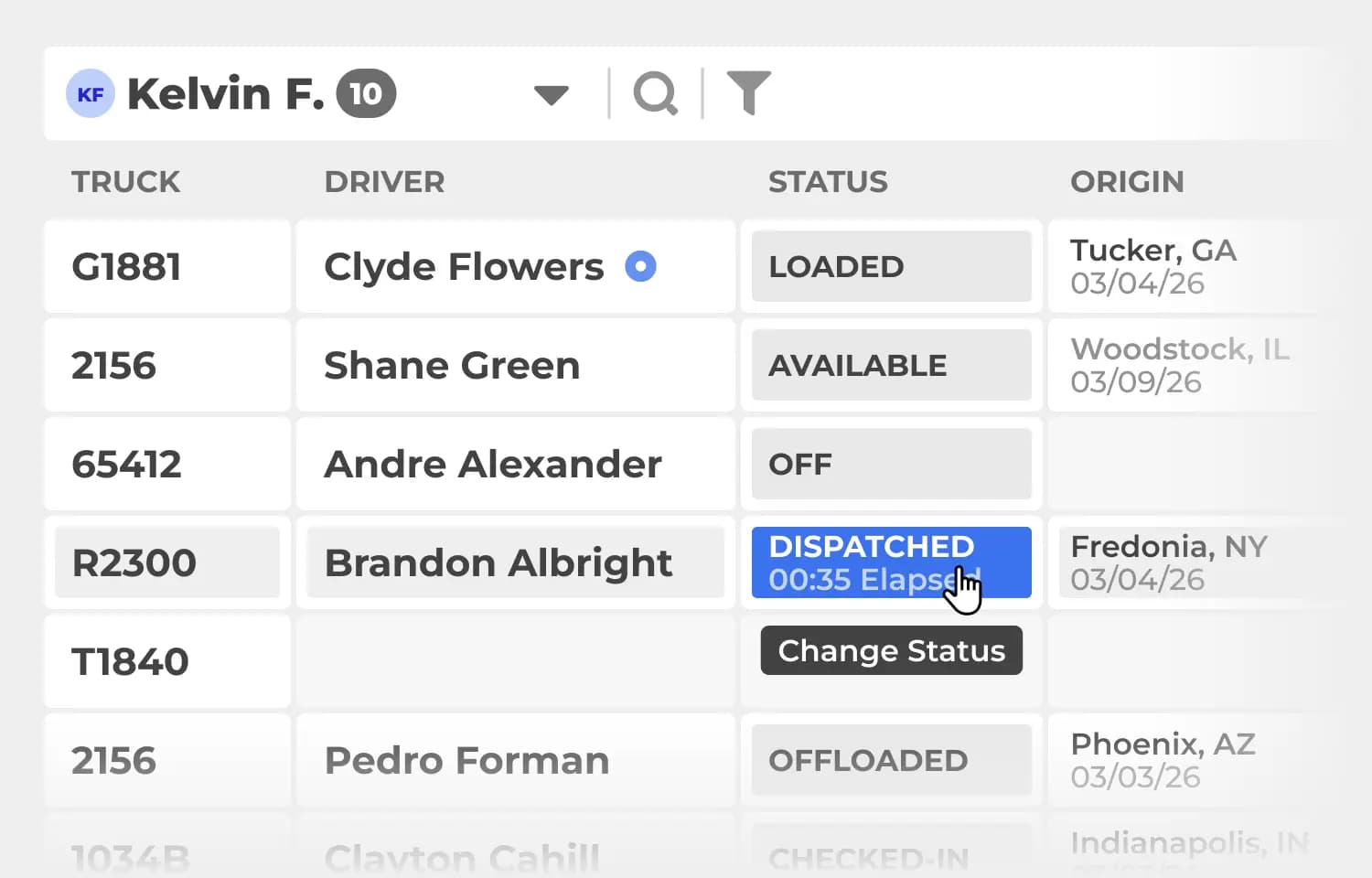 Live dispatch board for managing trucks, drivers, loads, and trip status in one centralized view.